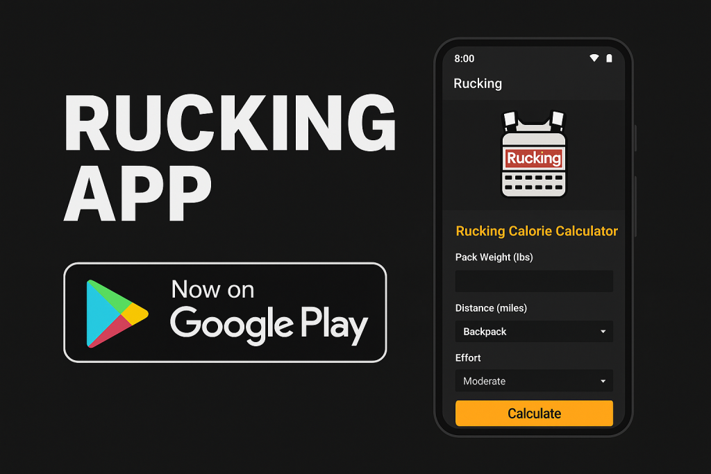 Promo graphic for the Rucking App showing the weighted vest and rucking calorie calculator on an Android phone.